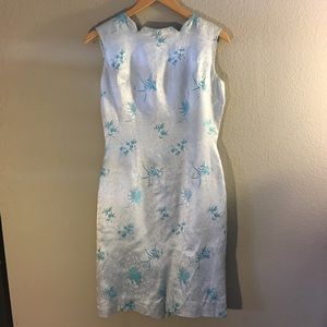 Vintage 1950s Silver & Blue Cheongasm Style Dress